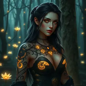 Yennefer of Vengerberg with intricate, glowing tattoos that resemble ancient runes, standing in a mystical forest with bioluminescent plants, her eyes shimmering with magical energy.