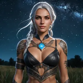 A breathtaking Nidalee from The Witcher 3, her skin adorned with intricate, celestial tattoos that glow with starlight, standing in a vast, open field under a clear night sky filled with countless stars.