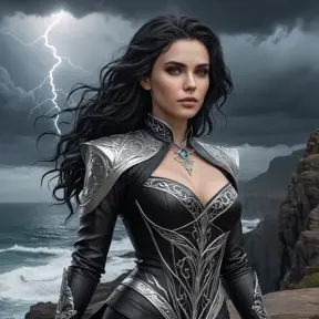 Yennefer with elegant, silver-lined tattoos that depict scenes of arcane rituals, dressed in a sleek, form-fitting outfit, standing on a cliff overlooking a stormy sea, lightning illuminating her face.