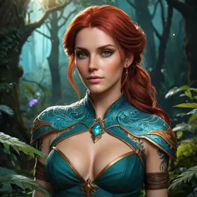 Triss Merigold, the enchanting sorceress from The Witcher 3, adorned with intricate magical tattoos that glow with arcane energy, standing in a mystical forest with bioluminescent plants, her red hair flowing like flames, and her eyes shimmering with ancient knowledge.