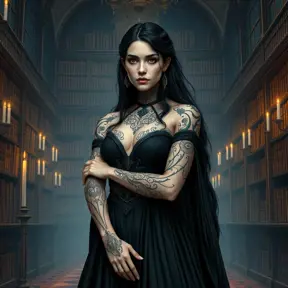 Yennefer with detailed, dark ink tattoos that form a complex pattern across her arms and neck, wearing a regal, flowing black gown, standing in a grand, candlelit library filled with ancient tomes.