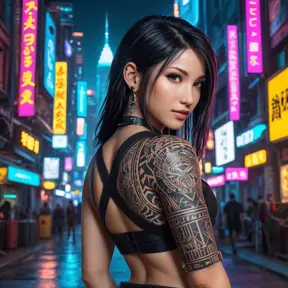 A stunning portrait of Tifa Lockhart with intricate tribal tattoos covering her arms and back, set against a vibrant, neon-lit cyberpunk cityscape.