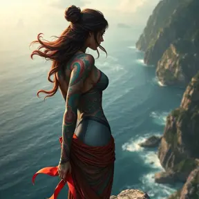 Sivir, the enigmatic wanderer, her arms and back covered in vibrant, swirling tattoos that seem to move with her every breath, standing at the edge of a cliff overlooking a vast ocean.