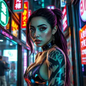 Katarina, a modern-day goddess with geometric tattoos that shimmer with metallic hues, wearing a sleek, futuristic outfit, standing in a neon-lit urban alley with holographic advertisements reflecting off her skin.