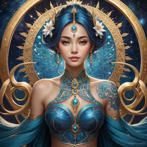 A radiant Sona with mandala-inspired tattoos, surrounded by a symphony of floating instruments in a celestial chamber filled with starlight.