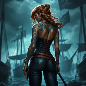 Miss Fortune from League of Legends, her arms and back covered in tribal tattoos that symbolize her pirate heritage, wearing a revealing corset and leather pants, standing in a stormy harbor with her crew in the background, dramatic lighting, hyper-realistic, 8K resolution