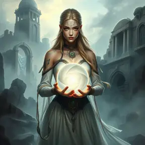 Katarina, a mysterious enchantress with mystical runes tattooed on her face and hands, surrounded by swirling mist and ancient ruins, holding a crystal ball that glows with inner light.