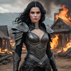 Yennefer with mystical, dragon-themed tattoos that wrap around her body, wearing a battle-worn, yet elegant armor, standing in a battlefield with a backdrop of a burning village, her expression fierce and determined.