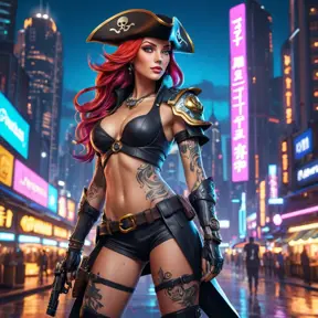 Miss Fortune from League of Legends, her body covered in tattoos that tell the story of her adventures, wearing a sleek, modernized pirate outfit, standing in a futuristic cityscape with neon lights reflecting off her pistols, cyberpunk style, ultra-detailed, 8K resolution