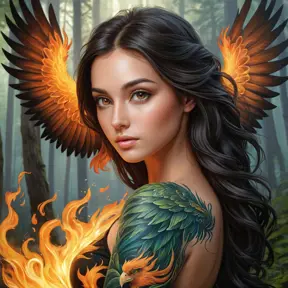 Samira, with her captivating eyes and a full-sleeve tattoo of a phoenix rising from flames, is depicted in a serene forest setting. The tattoo seems to come alive, with the phoenix's wings gently fluttering as if ready to take flight.