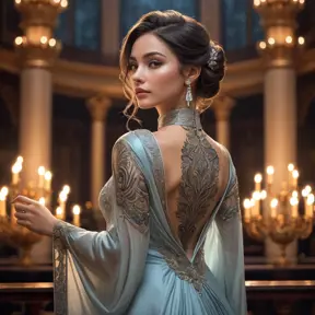 Sona, the silent enchantress, with elegant, musical-themed tattoos that cover her arms and back, wearing a flowing, ethereal gown with a high collar, standing in a grand, candlelit concert hall with her etwahl in hand.