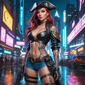 Miss Fortune from League of Legends, her body covered in tattoos that tell the story of her adventures, wearing a sleek, modernized pirate outfit, standing in a futuristic cityscape with neon lights reflecting off her pistols, cyberpunk style, ultra-detailed, 8K resolution