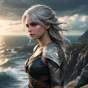 Ciri from The Witcher 3, adorned with mystical dragon tattoos that shimmer with ethereal light, standing on a cliff overlooking a stormy sea, wind blowing her hair, dramatic sky, ultra-detailed, 8K