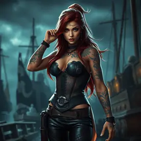 Miss Fortune from League of Legends, her arms and back covered in tribal tattoos that symbolize her pirate heritage, wearing a revealing corset and leather pants, standing in a stormy harbor with her crew in the background, dramatic lighting, hyper-realistic, 8K resolution