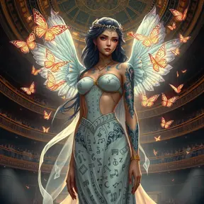 A majestic Sona with ancient script tattoos, standing in a grand concert hall, with her music notes transforming into butterflies that fill the air.