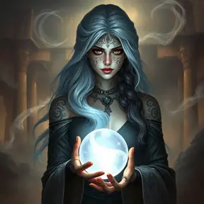 Katarina, a mysterious enchantress with mystical runes tattooed on her face and hands, surrounded by swirling mist and ancient ruins, holding a crystal ball that glows with inner light.