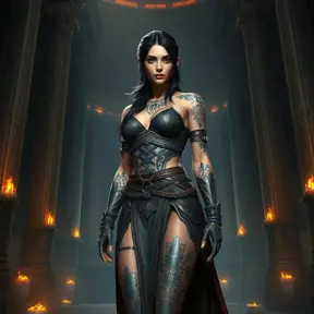 Nidalee, the powerful warrior from The Witcher 3, with tattoos that shimmer with ancient magic, standing in a grand, ancient temple, surrounded by towering stone pillars and flickering torchlight.