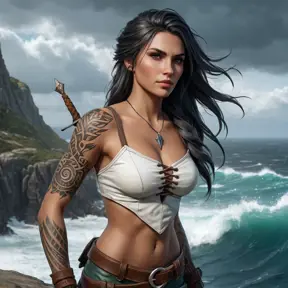 Nidalee, the fierce huntress from The Witcher 3, with striking tattoos that tell the story of her battles and victories, standing atop a cliff overlooking a vast, stormy ocean, her hair blowing in the wind.