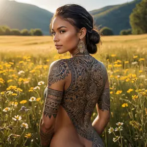 Samira, a striking woman with intricate tribal tattoos adorning her arms and back, stands confidently in a sunlit meadow. Her tattoos glow with a subtle luminescence, blending seamlessly with the vibrant wildflowers that surround her.