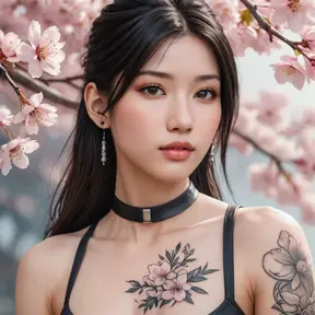 A close-up of Tifa Lockhart with delicate, watercolor-style tattoos on her face and neck, set against a soft, dreamy background of floating cherry blossoms.