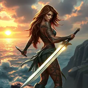 Katarina, a fierce warrior with tribal tattoos covering her muscular arms and back, wielding a glowing sword, standing on a cliff edge overlooking a stormy ocean at sunset.