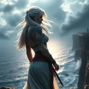 Ciri from The Witcher 3, adorned with mystical dragon tattoos that shimmer with ethereal light, standing on a cliff overlooking a stormy sea, wind blowing her hair, dramatic sky, ultra-detailed, 8K