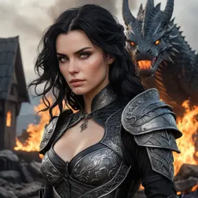 Yennefer with mystical, dragon-themed tattoos that wrap around her body, wearing a battle-worn, yet elegant armor, standing in a battlefield with a backdrop of a burning village, her expression fierce and determined.