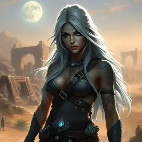 Sivir, the mercenary with striking blue eyes and flowing silver hair, adorned with intricate tribal tattoos that glow faintly in the moonlight, standing confidently in a desert landscape with a backdrop of ancient ruins.