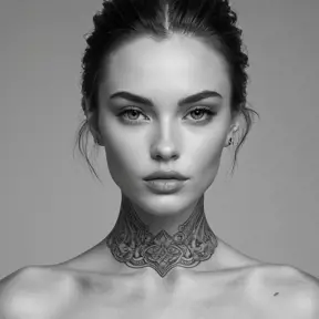 A close-up of Quinn's face, her features delicate yet strong, with tattoos that weave around her neck and jawline, creating a striking contrast against her smooth, porcelain skin, set against a minimalist, monochrome background.