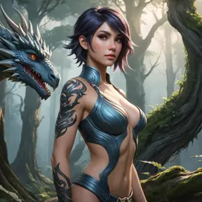 Fiora from League of Legends with dragon tattoos winding around her arms and chest, standing in a misty forest with ancient trees towering around her, her presence exuding strength and grace.