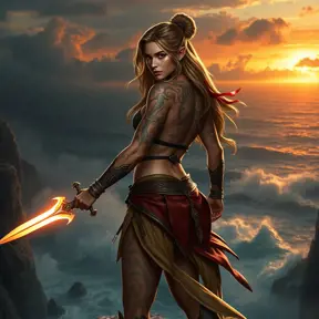 Katarina, a fierce warrior with tribal tattoos covering her muscular arms and back, wielding a glowing sword, standing on a cliff edge overlooking a stormy ocean at sunset.