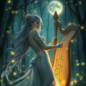 A graceful Sona with musical note tattoos adorning her ethereal skin, playing a luminous harp in a moonlit forest with glowing fireflies.