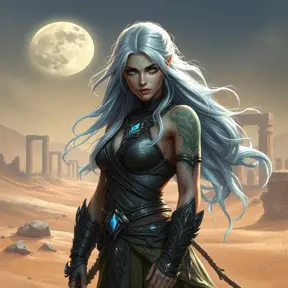 Sivir, the mercenary with striking blue eyes and flowing silver hair, adorned with intricate tribal tattoos that glow faintly in the moonlight, standing confidently in a desert landscape with a backdrop of ancient ruins.