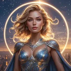 Lux, the lightbringer, with celestial tattoos that shimmer like starlight, floating above a cityscape at dusk, her body surrounded by a halo of glowing particles.