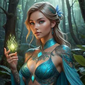 Lux, the radiant mage, adorned with intricate tattoos that glow with arcane energy, standing in a mystical forest with bioluminescent plants casting a soft, ethereal light on her skin.