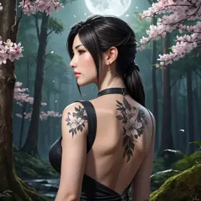 Tifa Lockhart with elegant, floral tattoos adorning her shoulders and upper back, standing in a serene, moonlit forest with cherry blossoms falling around her.