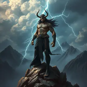 A powerful Vex with ancient rune tattoos, standing atop a mountain peak, with storm clouds brewing in the background and lightning striking around them.