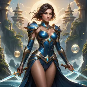 Fiora, the regal and powerful warrior, her body adorned with intricate, geometric tattoos that pulse with energy, standing in a mystical realm with floating islands and glowing orbs, her sword held high in triumph.