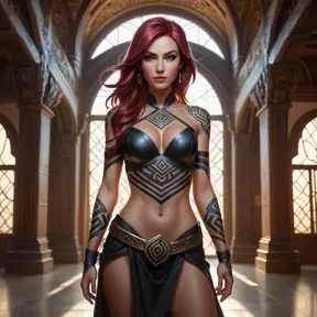 Katarina from League of Legends with bold, geometric tattoos resembling ancient Noxian symbols, standing in a grand hall filled with shadows, her presence commanding and powerful.