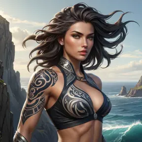 Fiora, the elegant fighter with a fierce gaze, her body covered in bold, tribal tattoos that tell the story of her battles, standing on a cliff overlooking a vast ocean, the wind blowing through her hair.