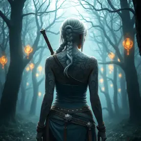 Ciri from The Witcher 3, with intricate tribal tattoos covering her arms and back, standing in a misty forest with ancient trees and glowing runes, cinematic lighting, hyper-realistic, 8K resolution