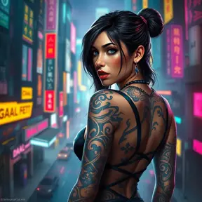 A stunning portrait of Tifa Lockhart with intricate tribal tattoos covering her arms and back, set against a vibrant, neon-lit cyberpunk cityscape.