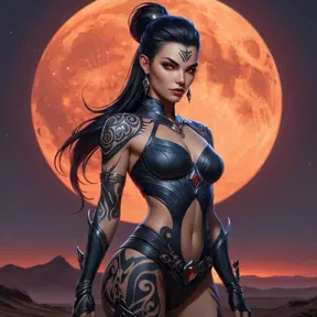 Vayne, the nightstalker, her body decorated with bold, tribal tattoos that glow faintly in the dark, standing in a desolate wasteland under a blood-red moon.