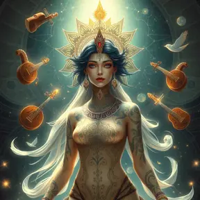 A radiant Sona with mandala-inspired tattoos, surrounded by a symphony of floating instruments in a celestial chamber filled with starlight.