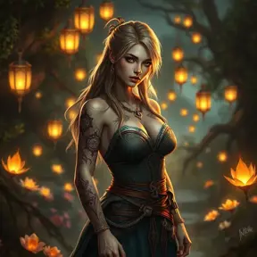 Triss Merigold, the fierce and beautiful sorceress from The Witcher 3, with tattoos that resemble magical runes and symbols, standing in a mystical garden with floating lanterns and glowing flowers, her presence exuding both strength and grace.