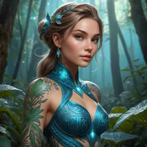 Lux, the radiant mage, adorned with intricate tattoos that glow with arcane energy, standing in a mystical forest with bioluminescent plants casting a soft, ethereal light on her skin.