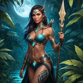 Nidalee, the warrior queen, with bold, geometric tattoos that symbolize her strength and connection to the wild, standing in a moonlit jungle with bioluminescent plants glowing around her, her spear held high.