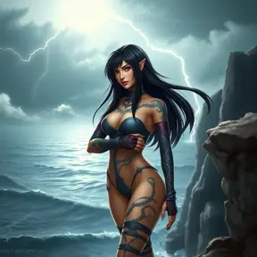 Tifa Lockhart with mystical, dragon-themed tattoos winding around her arms and chest, standing on a cliff overlooking a stormy sea, with lightning illuminating the sky.