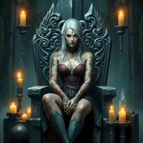 Ciri from The Witcher 3, with elegant floral tattoos intertwined with magical symbols, sitting on a throne made of ancient stone, surrounded by floating candles and glowing crystals, fantasy art style, 8K