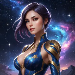 Fiora from League of Legends with celestial tattoos of stars and constellations on her shoulders and neck, standing under a night sky filled with swirling galaxies, her eyes reflecting the cosmic light.